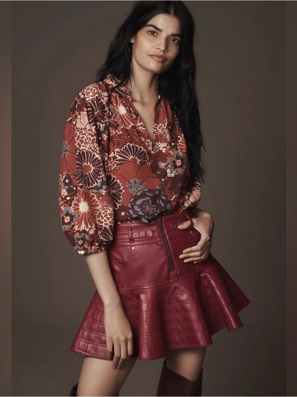 Anthropologie Pilcro Fit and Flare Faux Leather Mini Skirt in Size 6 Color Wine